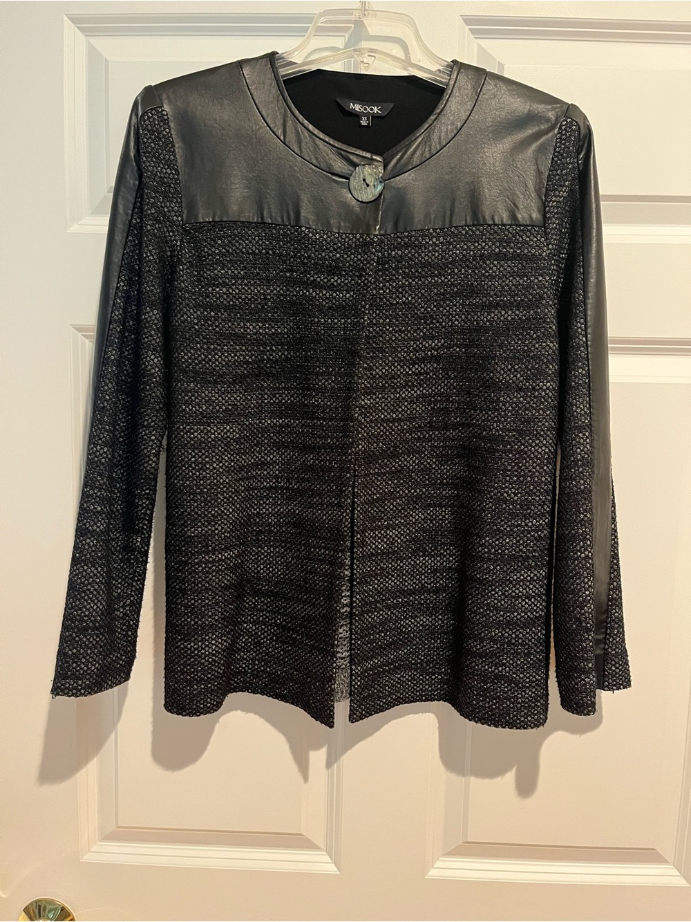 Misook Black Mixed-Media Leather-Yoke Open Front Blazer